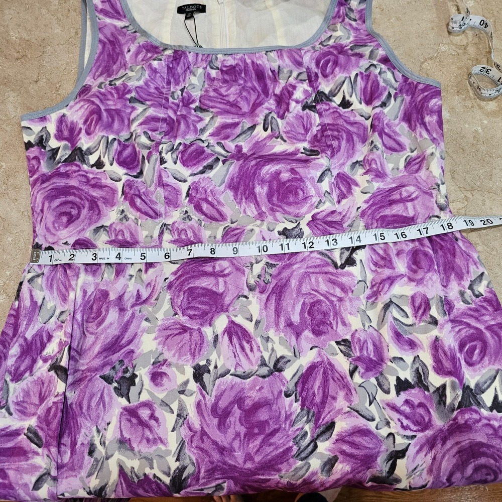 Talbots Floral Dress Womens 16 Purple Rose Sleeveless Cotton Fit Flare NWT - Picture 4 of 6